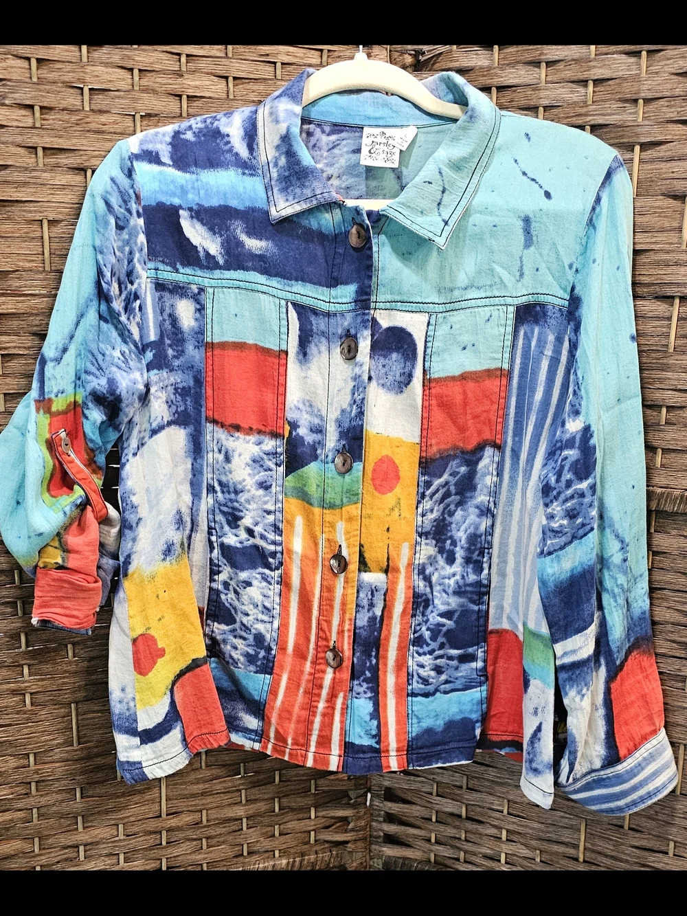 Parsley & Sage Turquoise Blue Multi-Color Abstract Button Jacket